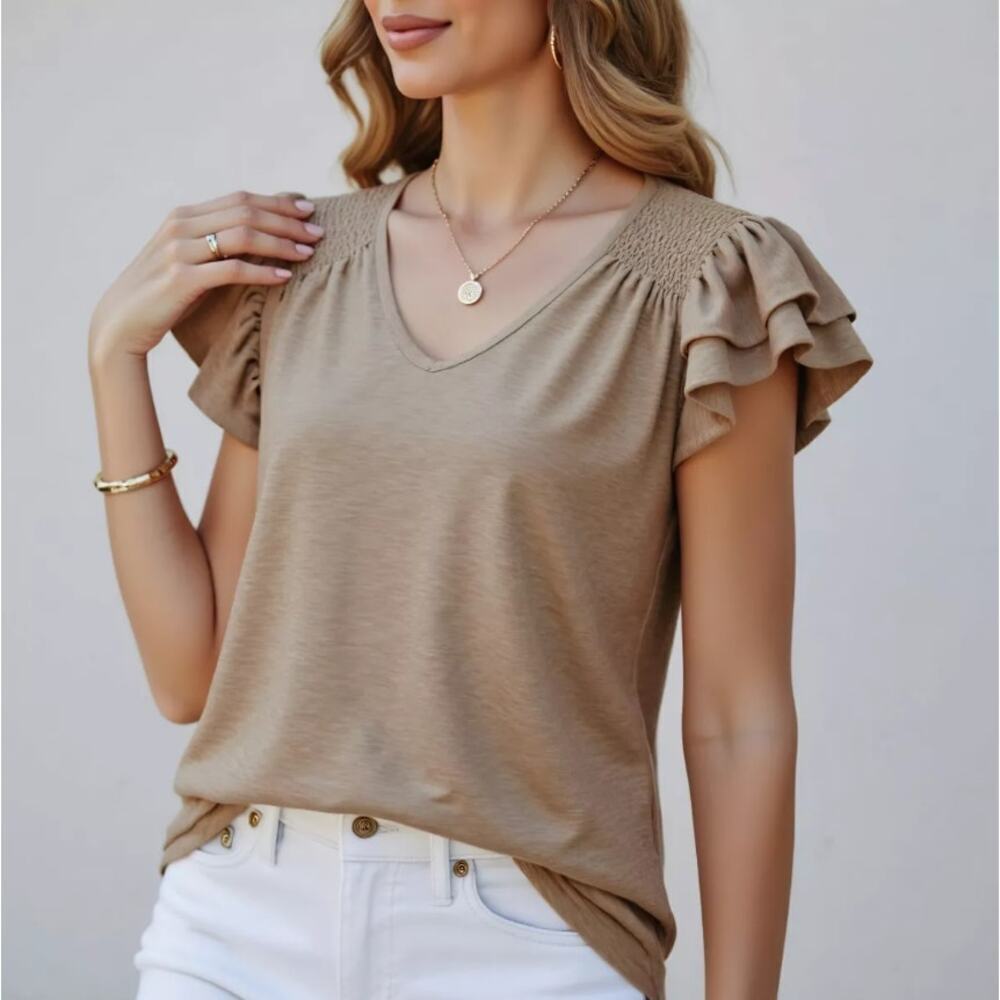 Ruffle Shoulder Women's V-Necked Smocked Soft Knit Pullover Top Size XL Tan NWOT
